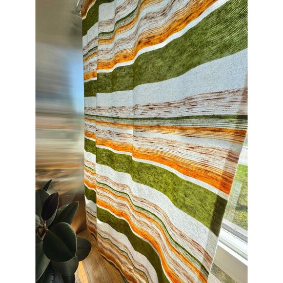 Vintage 70s curtain, orange, green, tan horizontal stripes,  rod heading - Picture 3 of 10